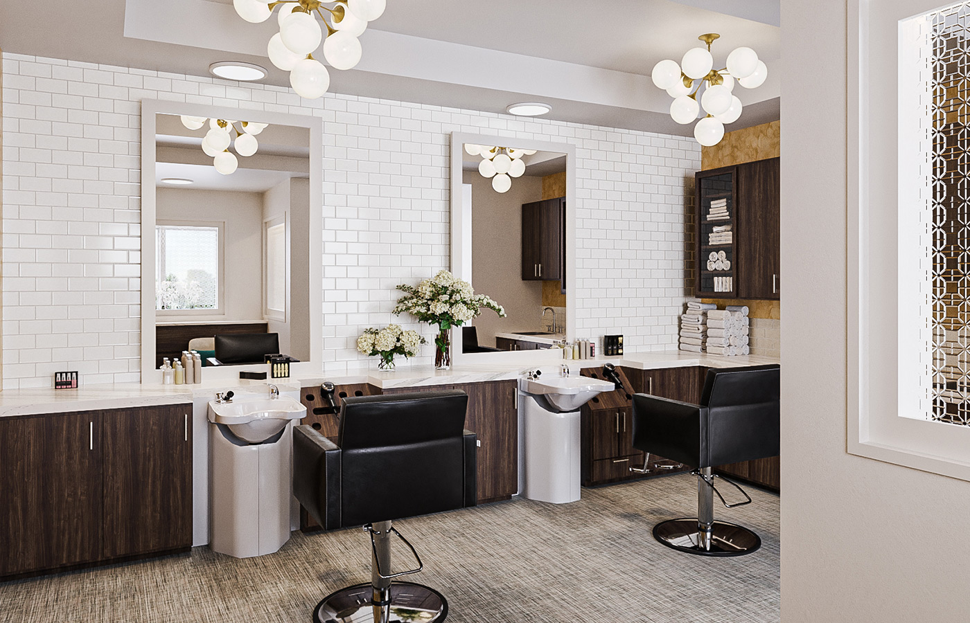 A salon with styling stations.