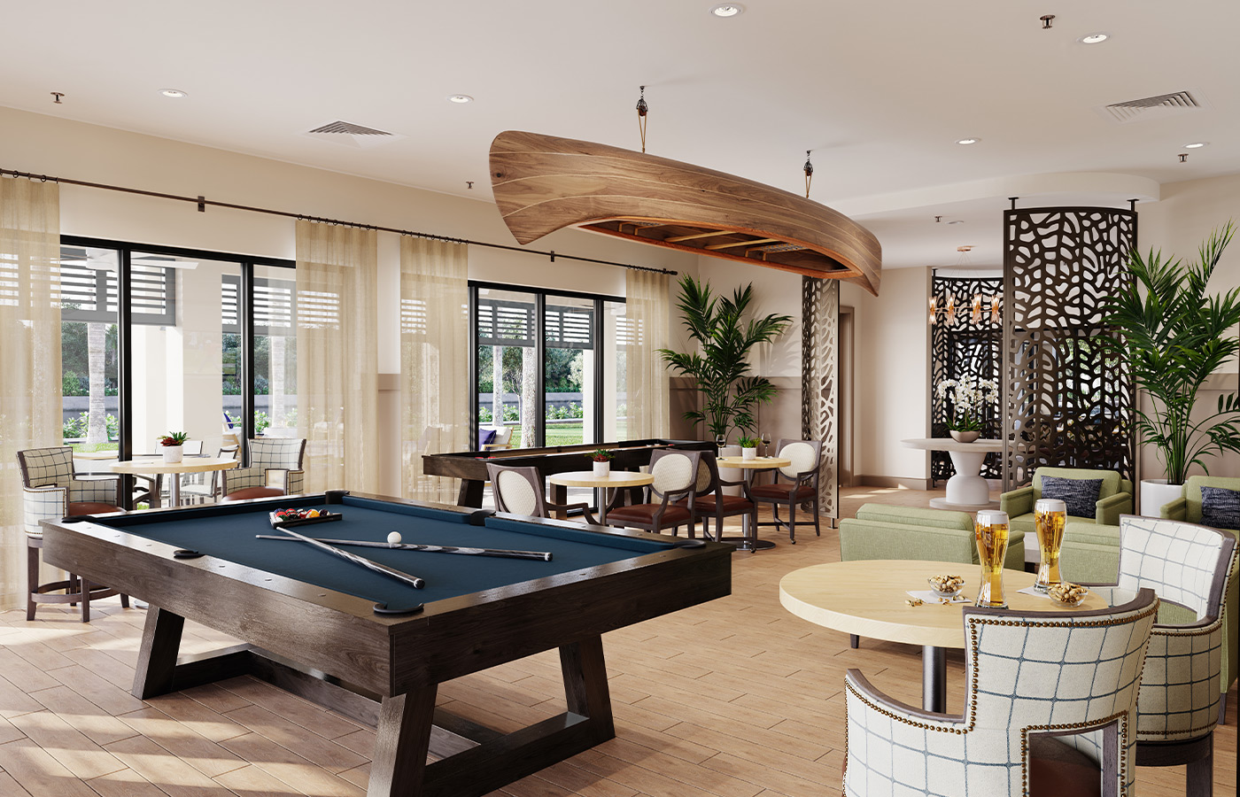 A activity room with a billiards table.