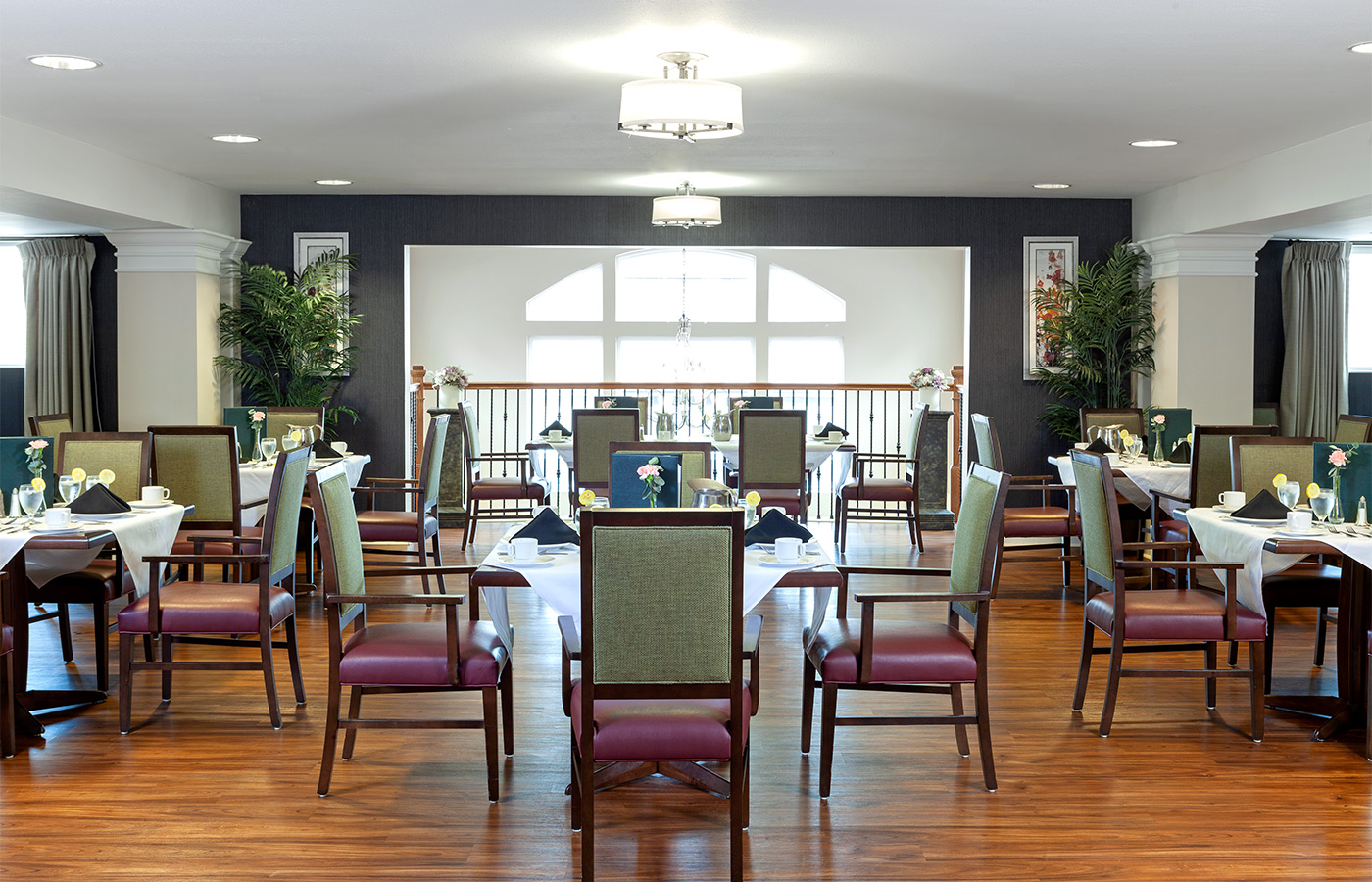 The dining room set for service.