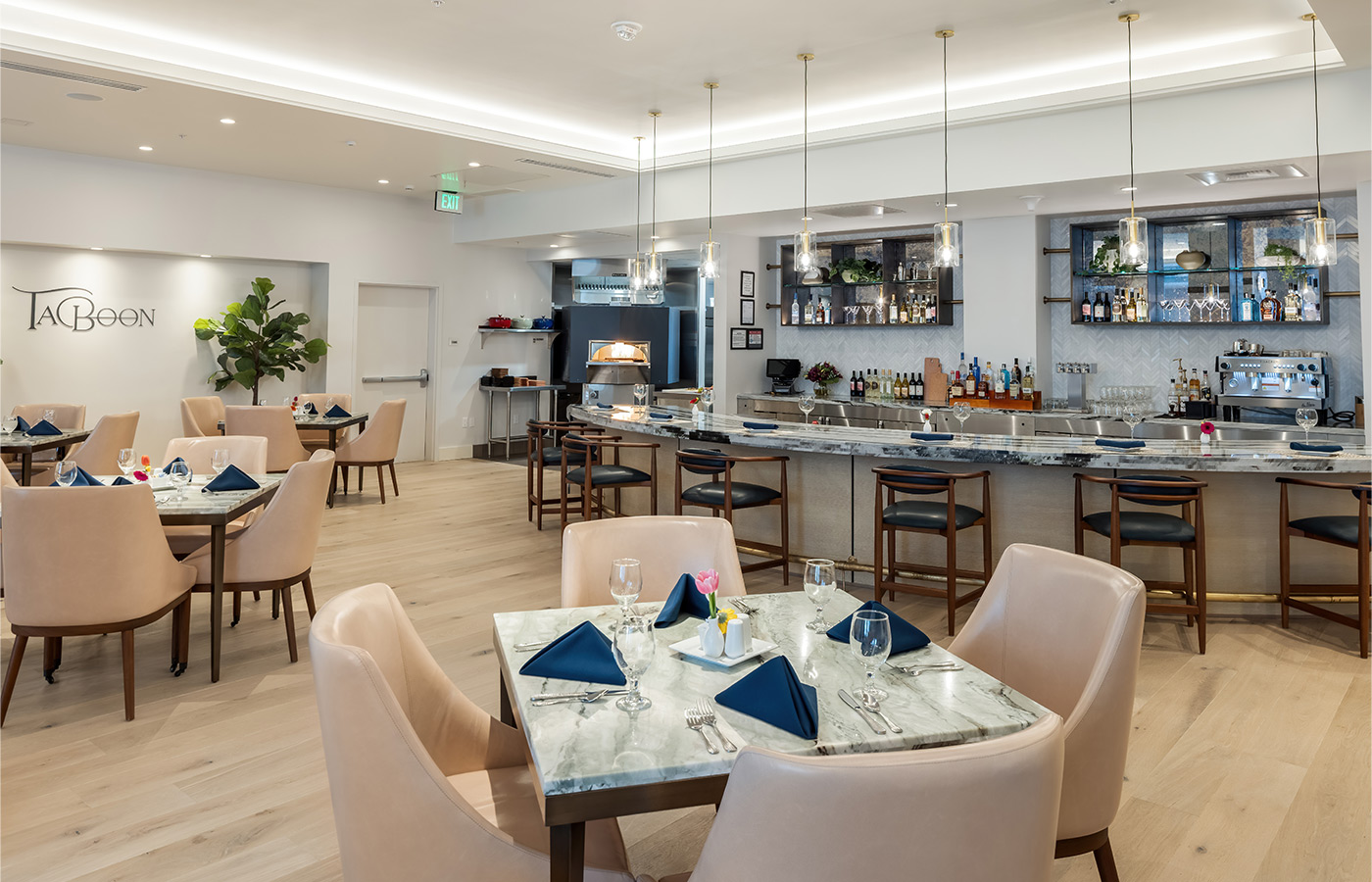 A dining room with seating.