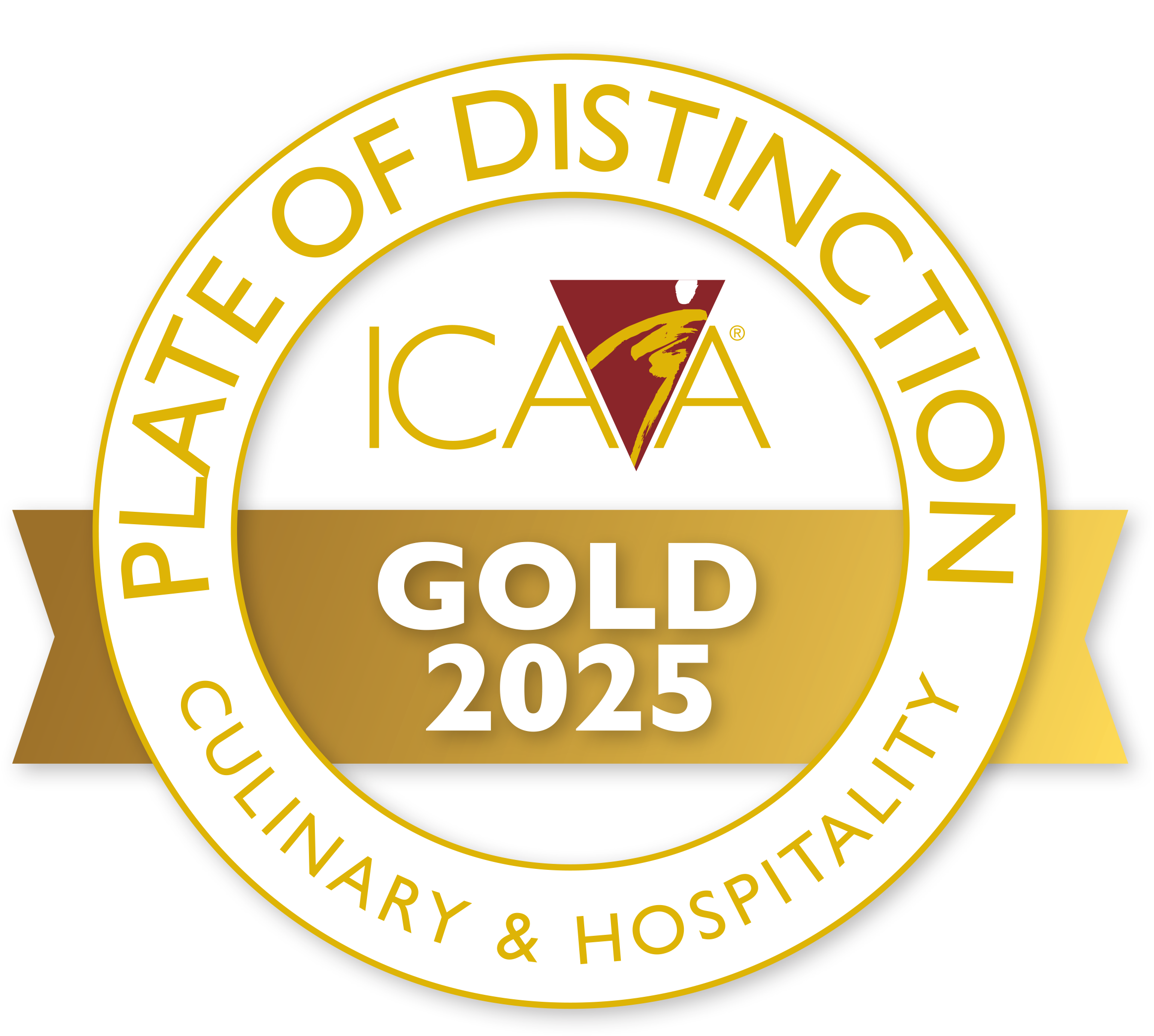 The ICAA 2025 Gold Plate of Distinction badge for culinary and hospitality..