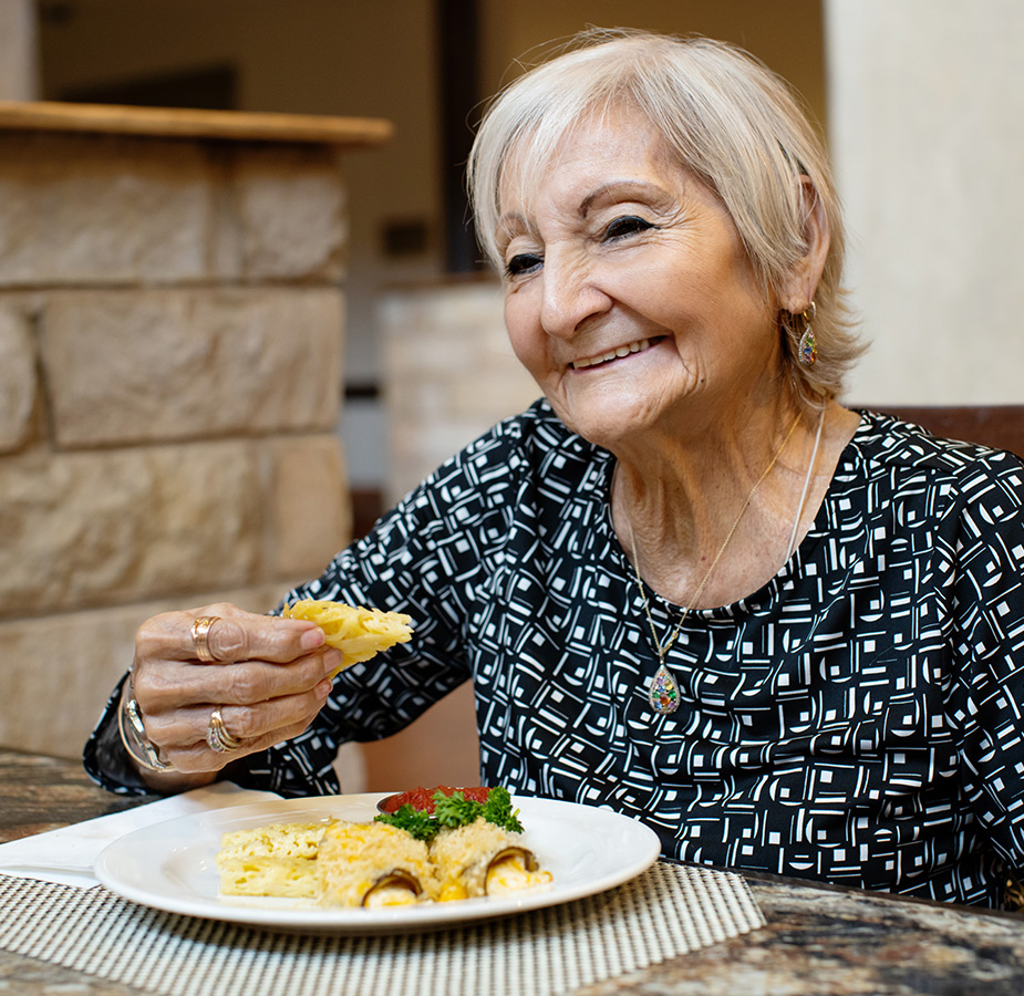 A resident enjoying gourmet bites.