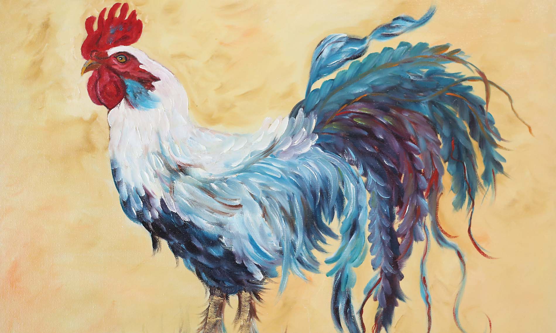 A piece of art of a colorful rooster.