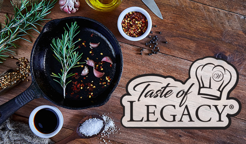 food in a pot and ingredients on a table with the taste of legacy logo