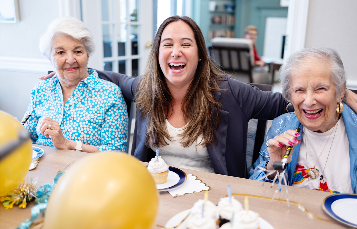 A group of people laughing.