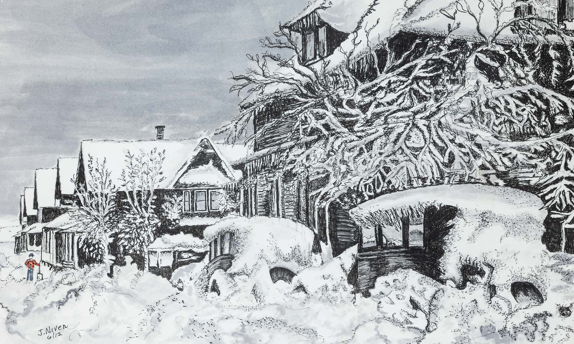 A piece of black and white art of a snowy village.