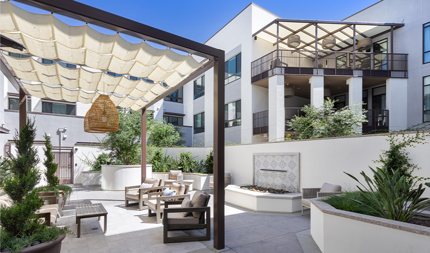 A courtyard with seating.