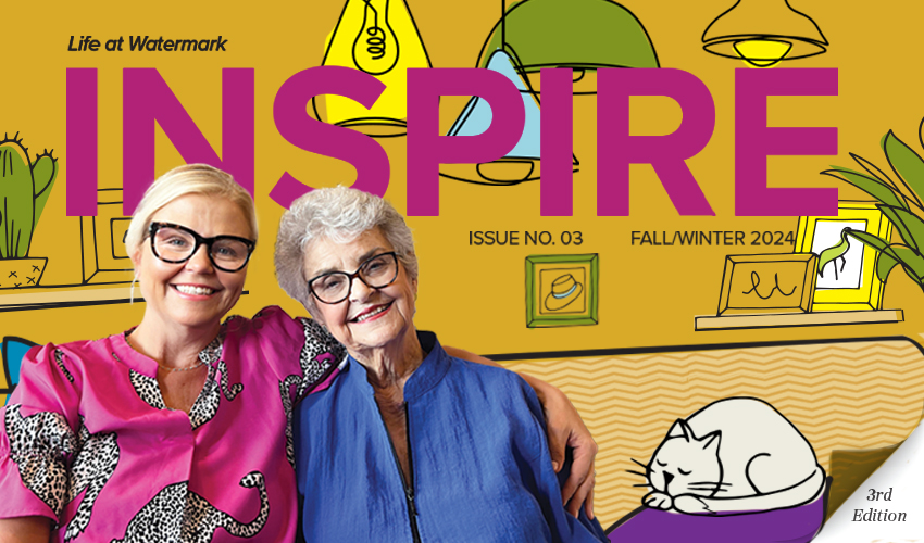 Inspire e-zine cover with a mother and daughter sitting on couch with bright illustrated background.